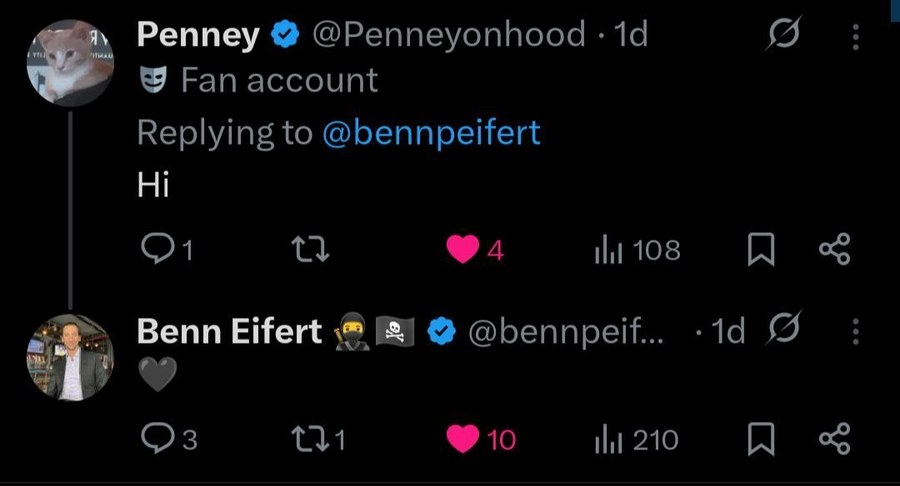Screenshot of Penney fan account replying 'Hi' to Benn Eifert, with Benn replying back with a black heart