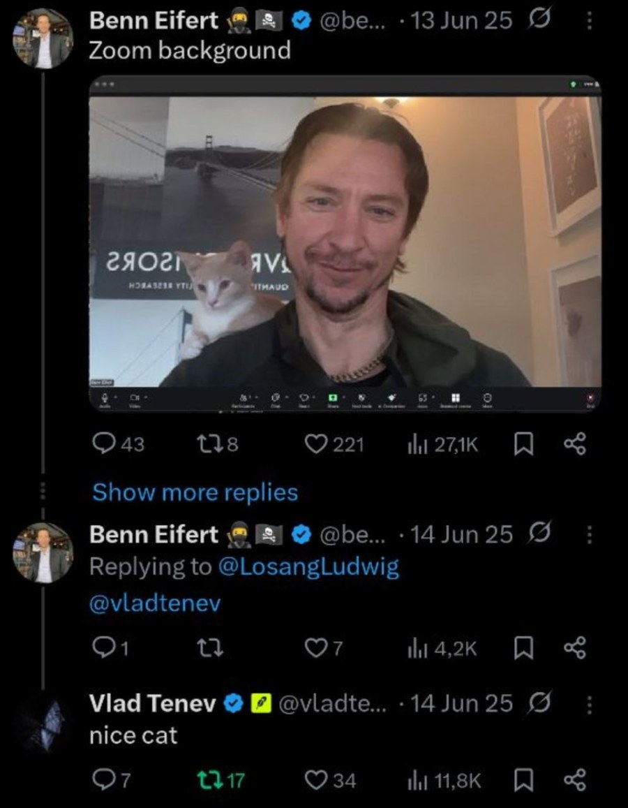 Screenshot of X search from:@vladtenev cat, showing Benn Eifert's Zoom-background tweet and Vlad Tenev replying 'nice cat'